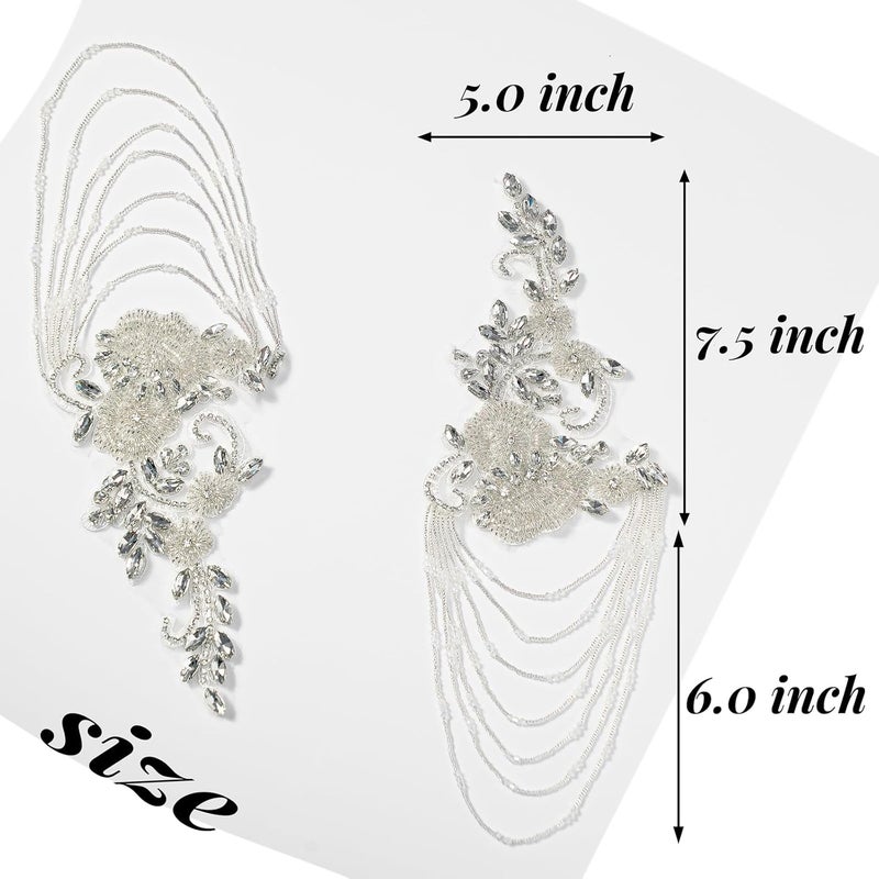 amusediy White Pair Beaded Rhinestones Applique Embellishment for Clothes,Epaulettes Shoulder Patches Sew-on Diamond Sequin Applique for Wedding Dress DIY Accessories - Image 3